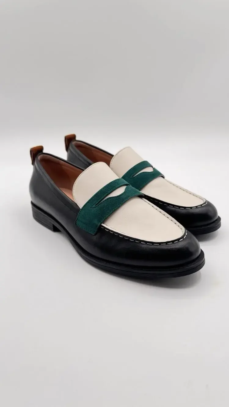 Cole Haan Shoes Womens Size 8 Navy White Green Leather Stassi Penny Loafers
